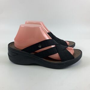 Bzees Disco Wedge Sandal Black Strappy Slip On Stretch Comfort Light Womens 9.5